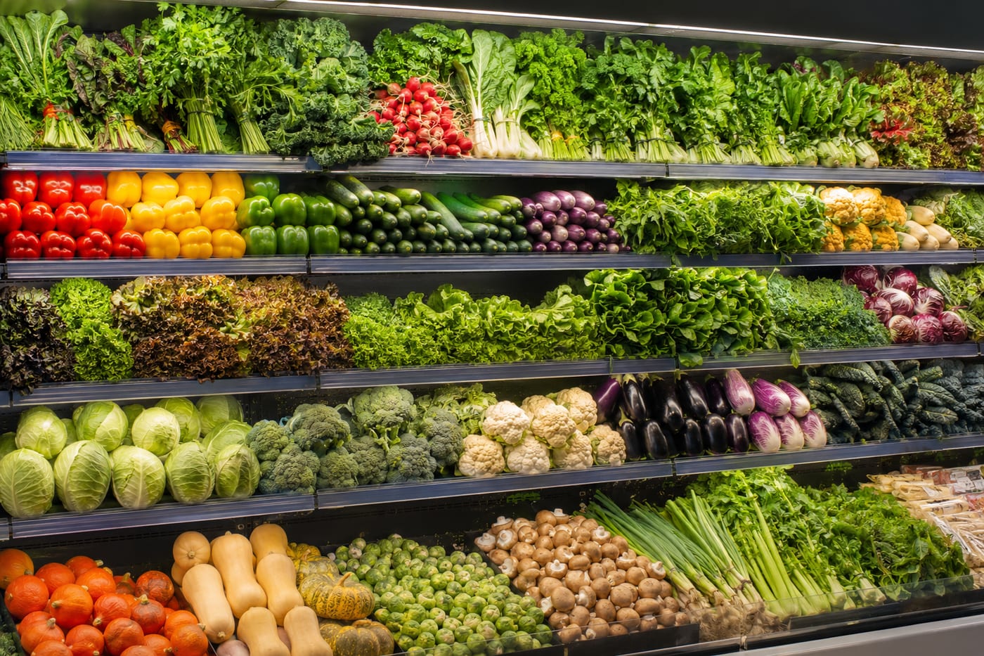 Colourful fresh vegetables and fruits at market display